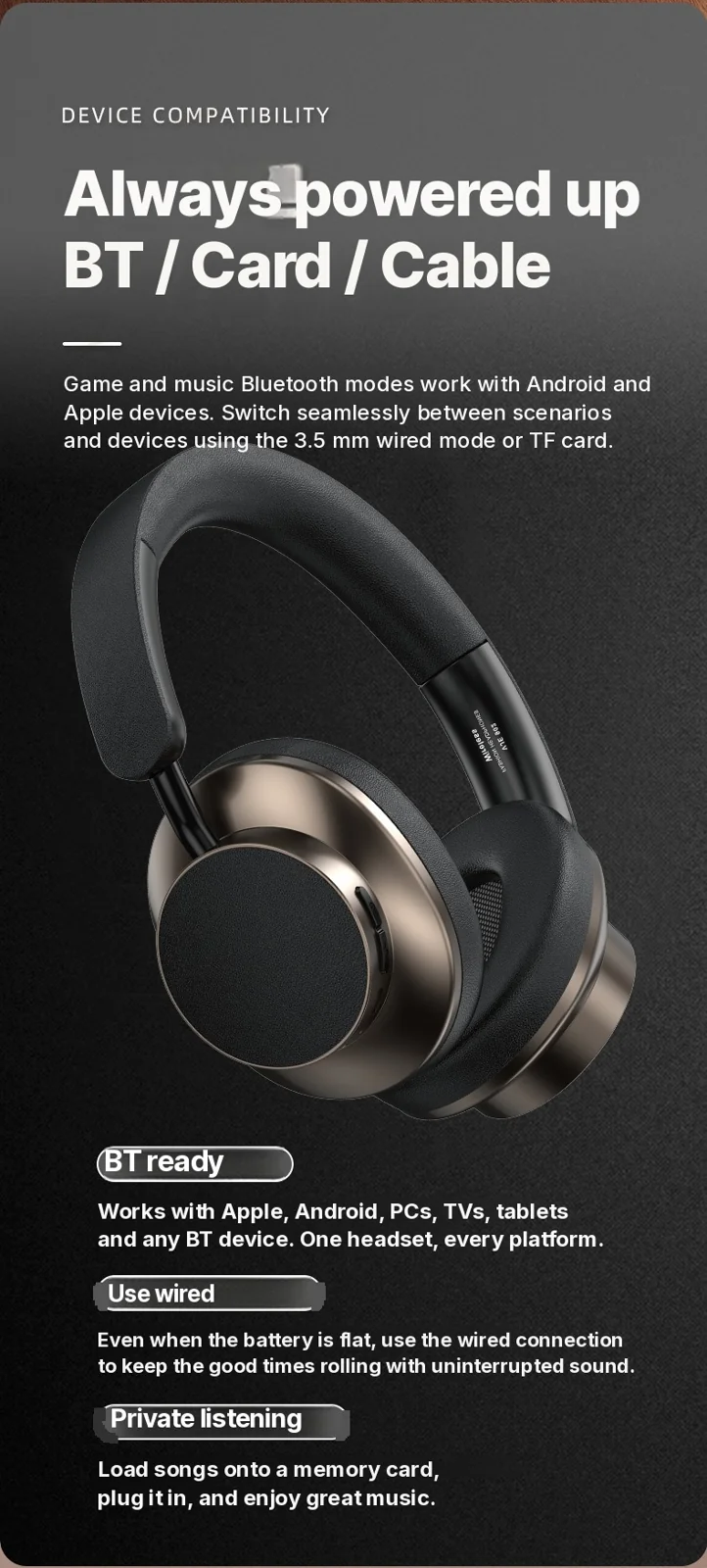 Retro Over-Ear Wireless Bluetooth Headphones with FM Radio and TF Card Slot