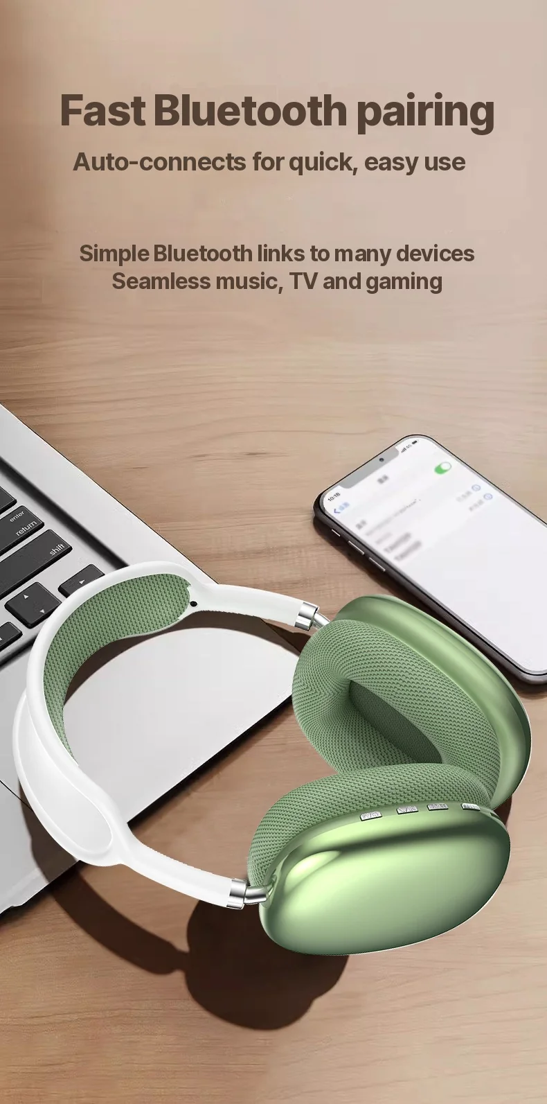 Wireless Over-Ear Headphones with FM Radio and TF Card Slot