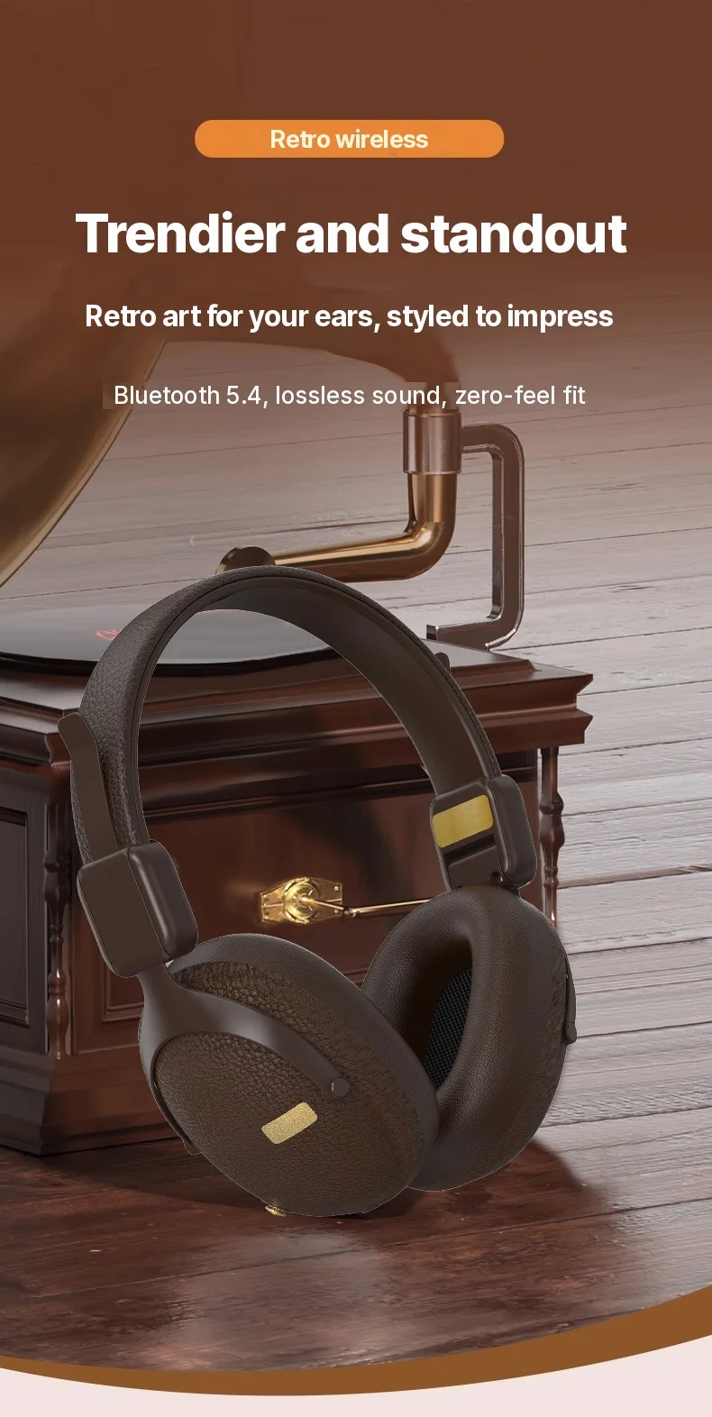 Fon Telinga Over-Ear Tanpa Wayar Retro Dengan Bluetooth 5.4 dan Hayat Bateri Panjang