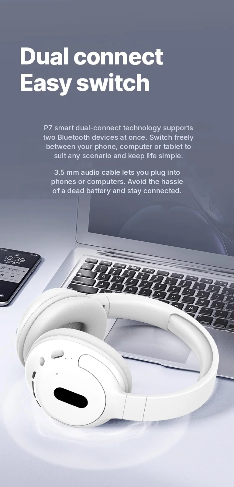 Cuffie Bluetooth Over-Ear Wireless con Microfono, Design Leggero