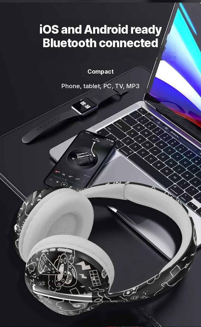 Fon Telinga Bluetooth Over-Ear Dengan Slot Kad TF dan Sambungan Tanpa Wayar