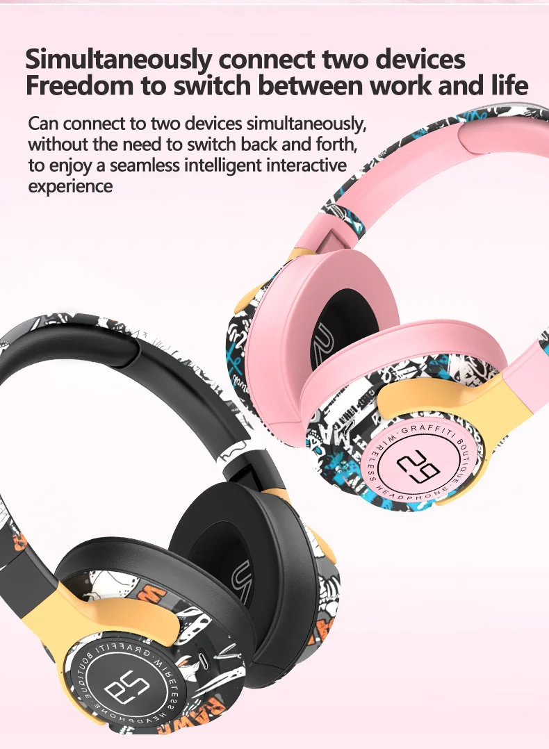 Fones de Ouvido Sem Fio Over-Ear Pintados com Rádio FM e Design Dobrável