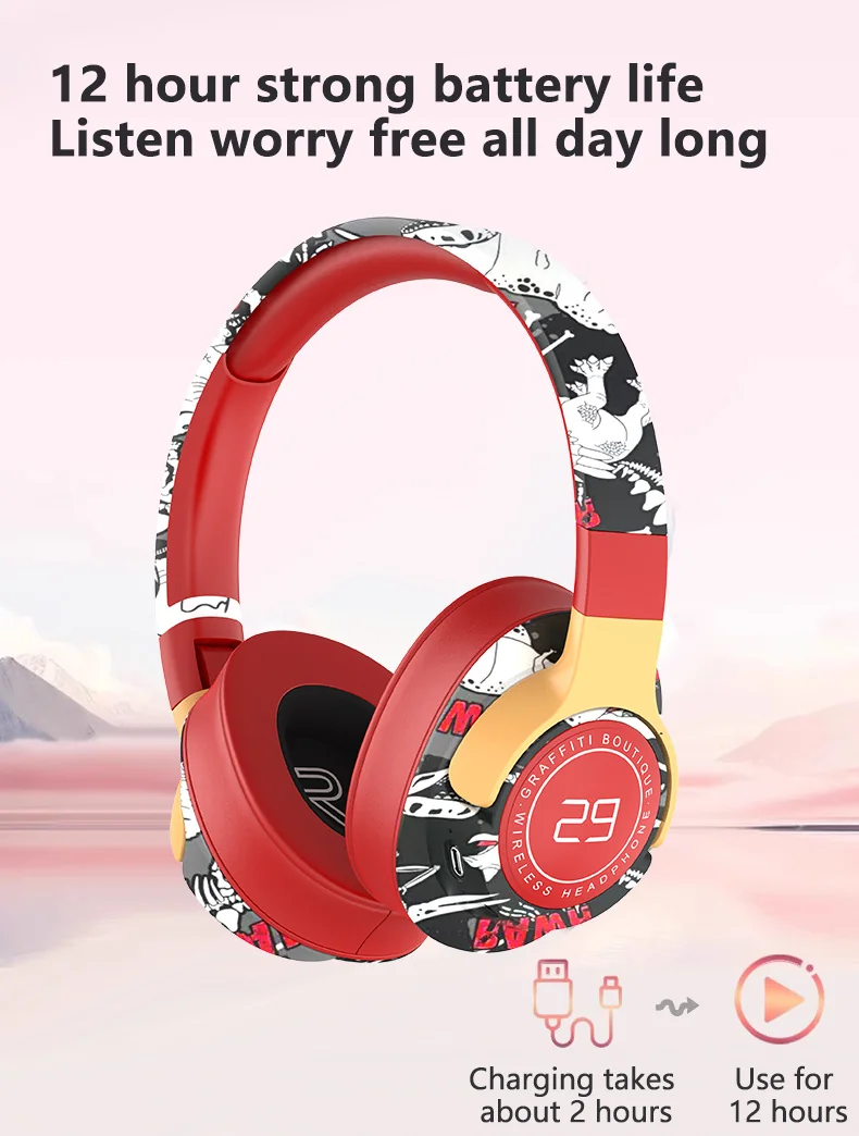 Fones de Ouvido Sem Fio Over-Ear Pintados com Rádio FM e Design Dobrável