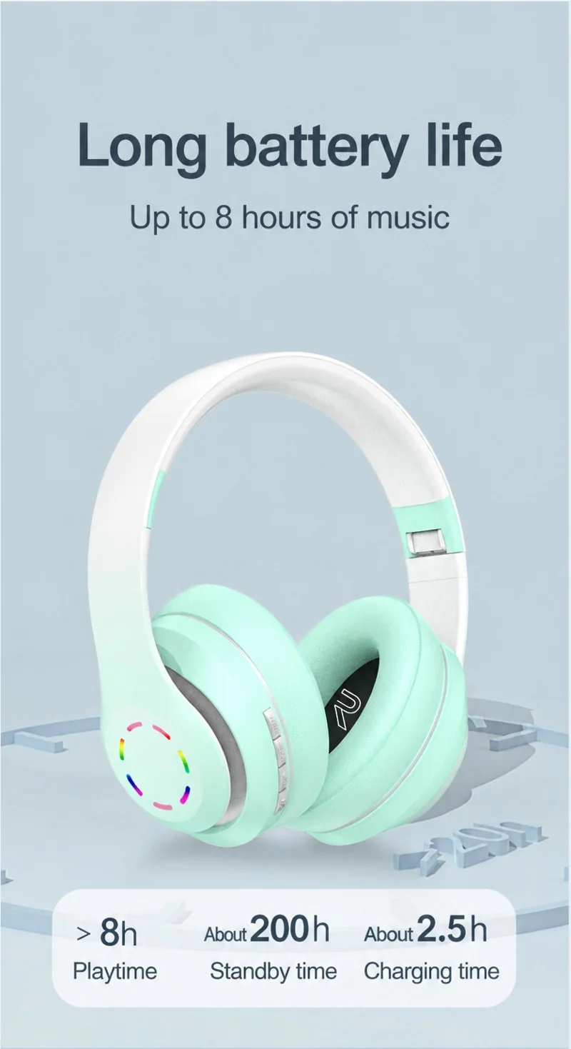 Fon Telinga Tanpa Wayar Over-Ear dengan Lampu LED & Radio FM