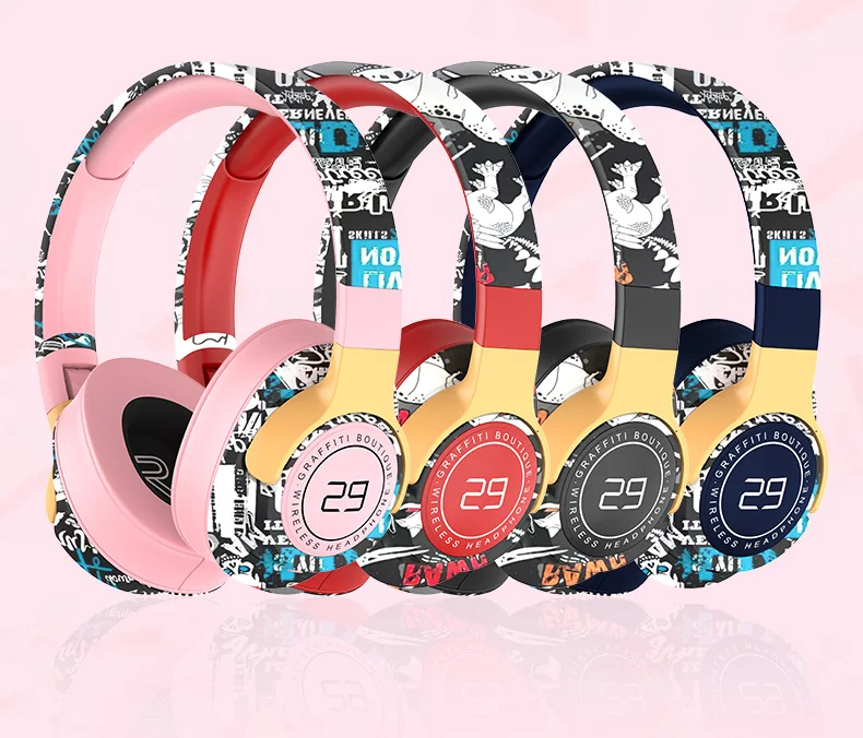 Fones de Ouvido Sem Fio Over-Ear Pintados com Rádio FM e Design Dobrável