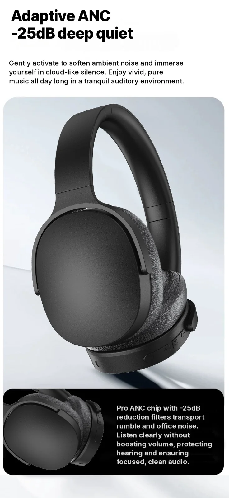 Active Noise Cancelling Wireless Bluetooth Headphones Over-Ear Long Battery Life
