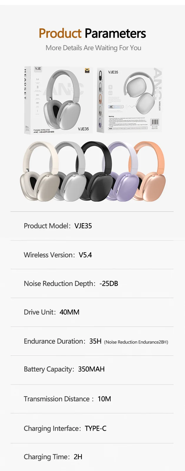 Active Noise Cancelling Wireless Bluetooth Headphones with Mic