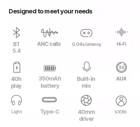Over-Ear Wireless Headphones with Active Noise Cancelling and 35h Battery