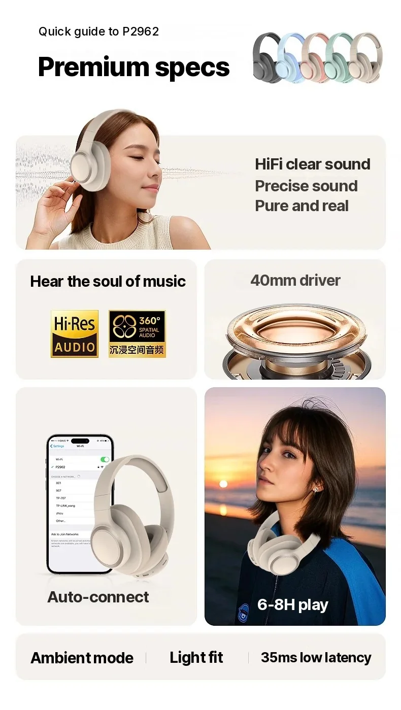Fon Telinga Tanpa Wayar Bluetooth Over-Ear Bateri Tahan Lama untuk Gaming