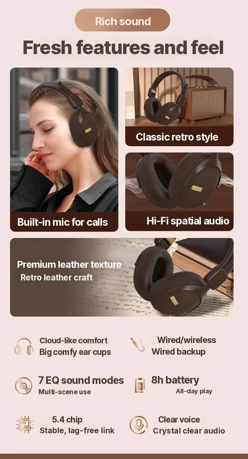 Fon Telinga Over-Ear Tanpa Wayar Retro Dengan Bluetooth 5.4 dan Hayat Bateri Panjang