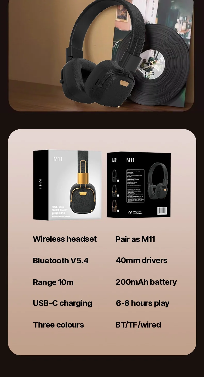 Retro Over-Ear Bluetooth Headphones with EQ Modes and Foldable Design