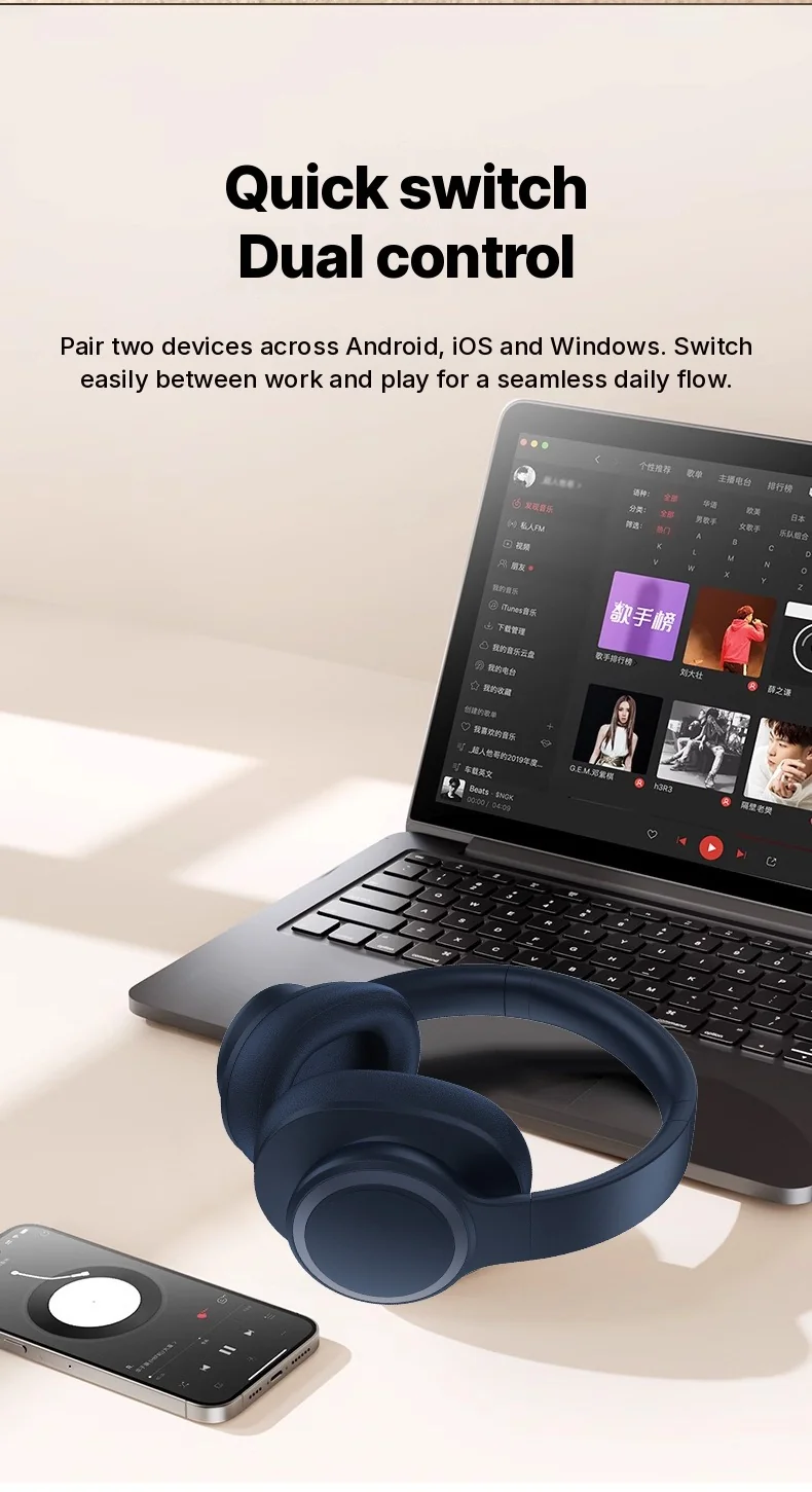Căști wireless over-ear cu Anulare Activă a Zgomotului și Bluetooth 5.4