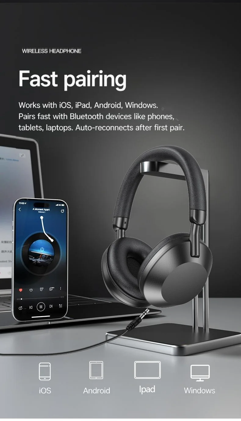 Fon Kepala Over-Ear Tanpa Wayar dengan Radio FM & Bluetooth 5.4