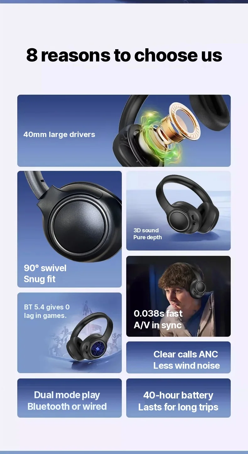 Wireless Over-Ear Headphones with Noise Cancelling and Long Battery Life