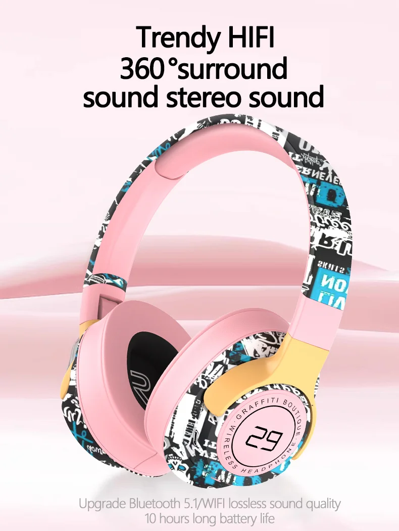 Fones de Ouvido Sem Fio Over-Ear Pintados com Rádio FM e Design Dobrável