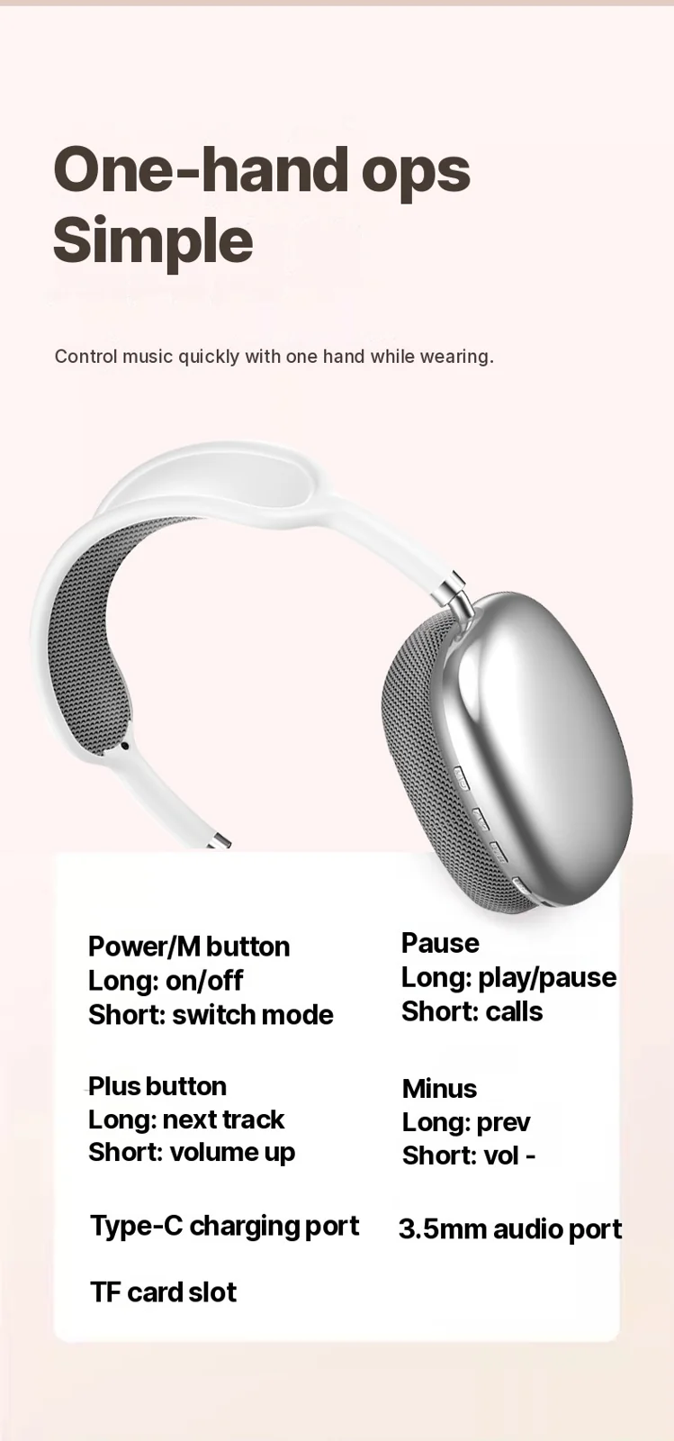 Wireless Over-Ear Headphones with FM Radio and TF Card Slot