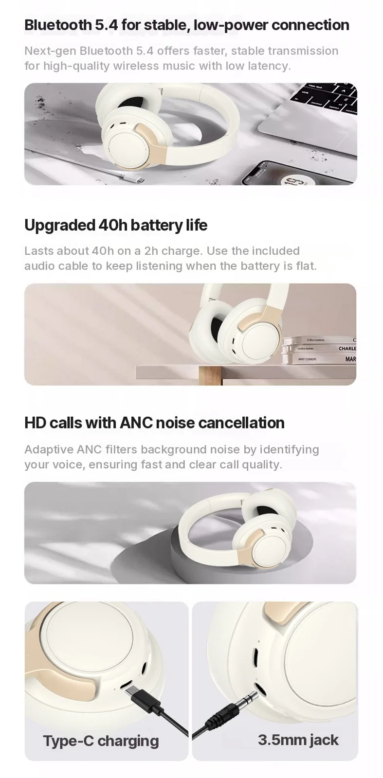 Active Noise Cancelling Over-Ear Bluetooth Headphones Wireless