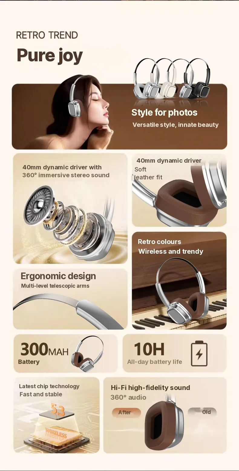 Retro over-ear trådløse hovedtelefoner Bluetooth 5.4 Stereo Bas