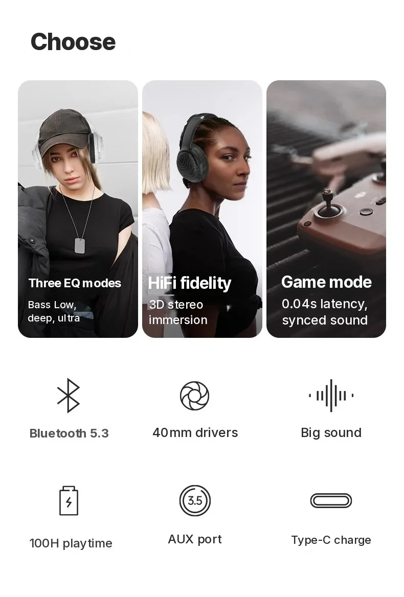 Cuffie Bluetooth Wireless Over-Ear con Multi-EQ e Lunga Autonomia