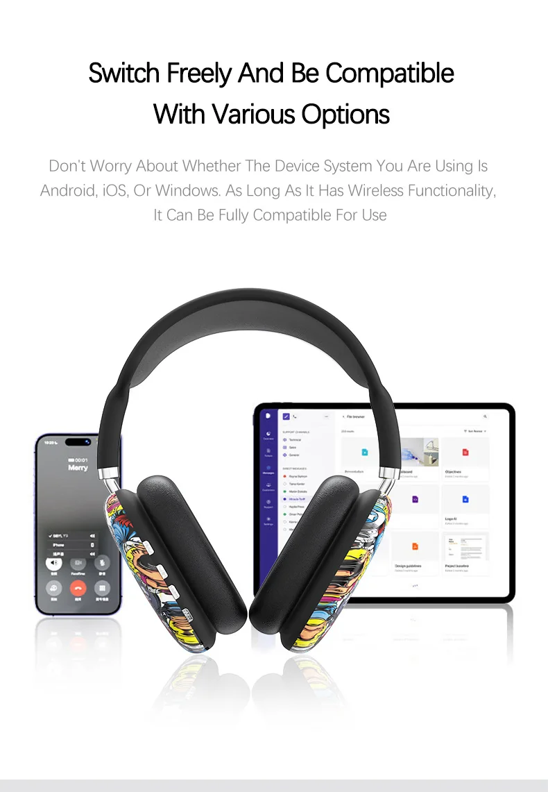 Graffiti Over-Ear Wireless Headphones with TF Card and AUX
