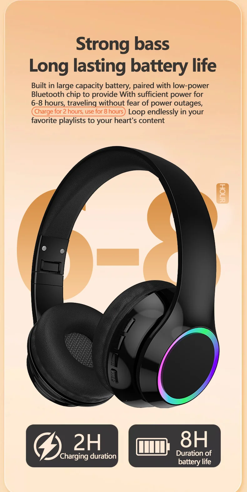 Cuffie Wireless Bluetooth Over-Ear con Luci LED e Microfono