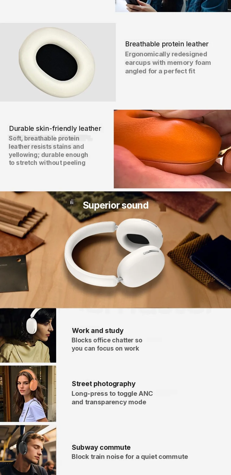Wireless ANC Over-Ear Headphones with Protein Leather Earcups