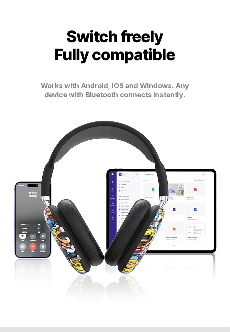 Graffiti Over-Ear Bluetooth Headphones with FM Radio and TF Card Slot