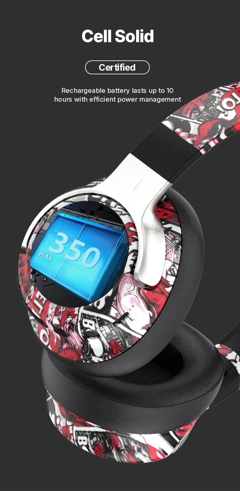Graffiti Over-Ear Wireless Headphones with FM Radio and Long Battery Life