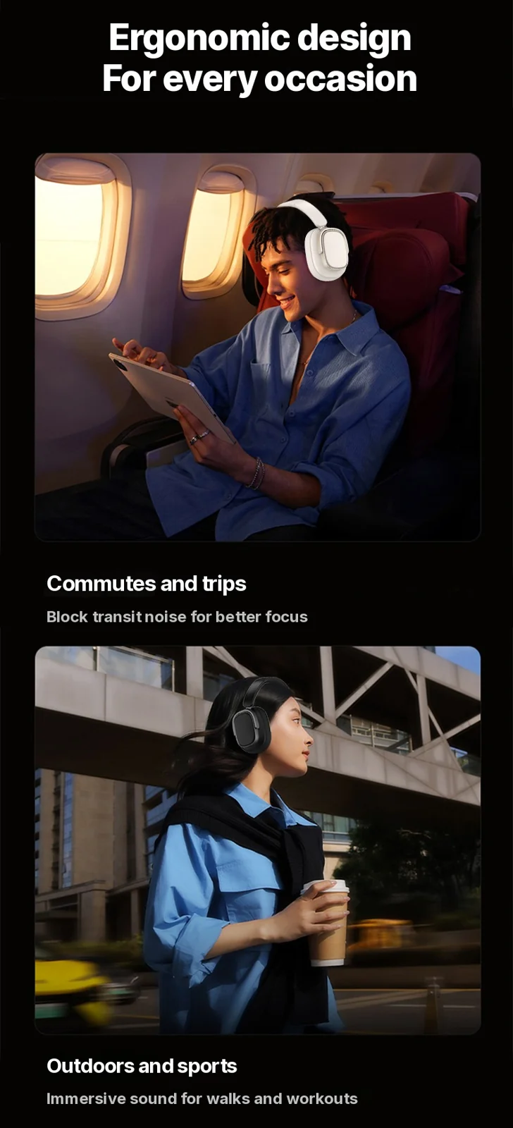 Over-Ear Wireless Headphones with Active Noise Cancelling and 35H Battery