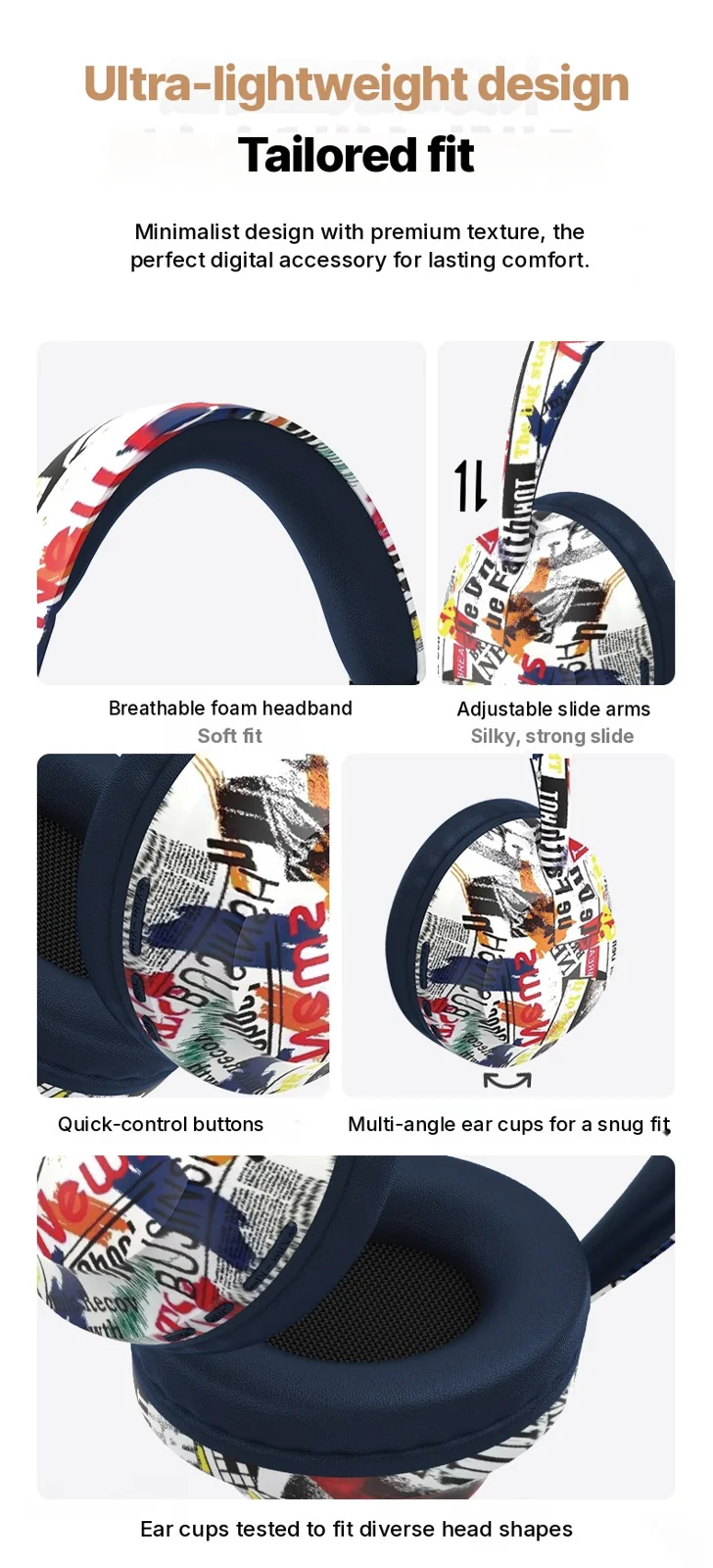 Fon Telinga Tanpa Wayar Over-Ear dengan Bluetooth 5.4 & Slot Kad TF
