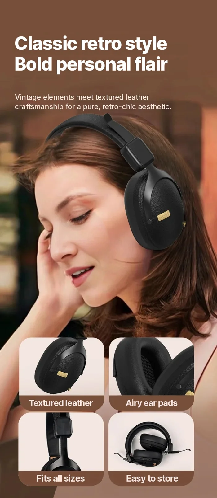 Fon Telinga Over-Ear Tanpa Wayar Retro Dengan Bluetooth 5.4 dan Hayat Bateri Panjang