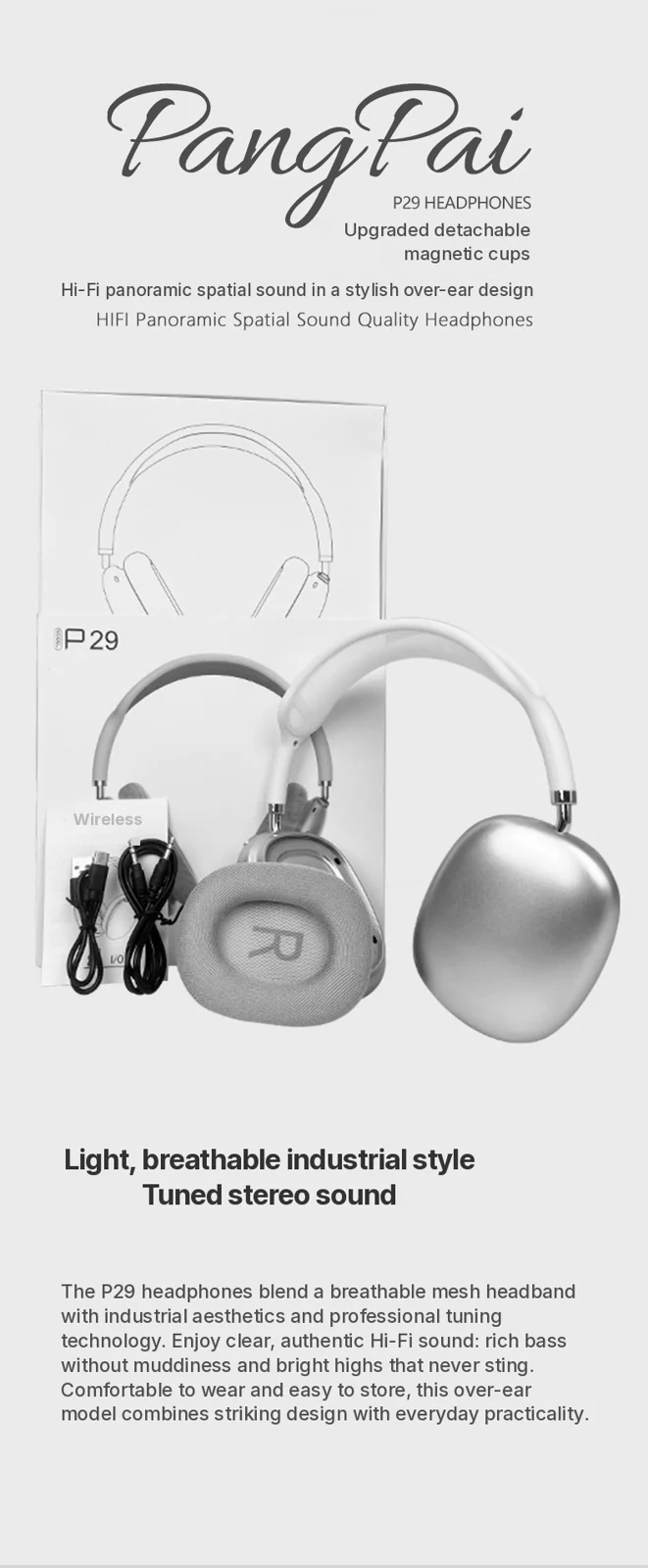 Wireless Over-Ear Headphones with Magnetic Ear Cups and Mesh Headband
