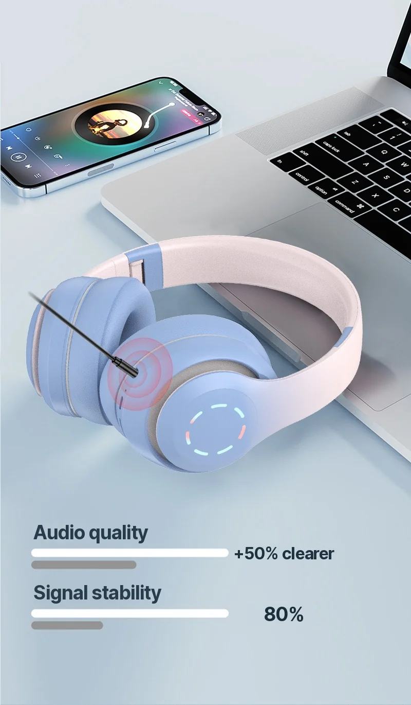 Fon Telinga Tanpa Wayar Over-Ear dengan Lampu LED & Radio FM