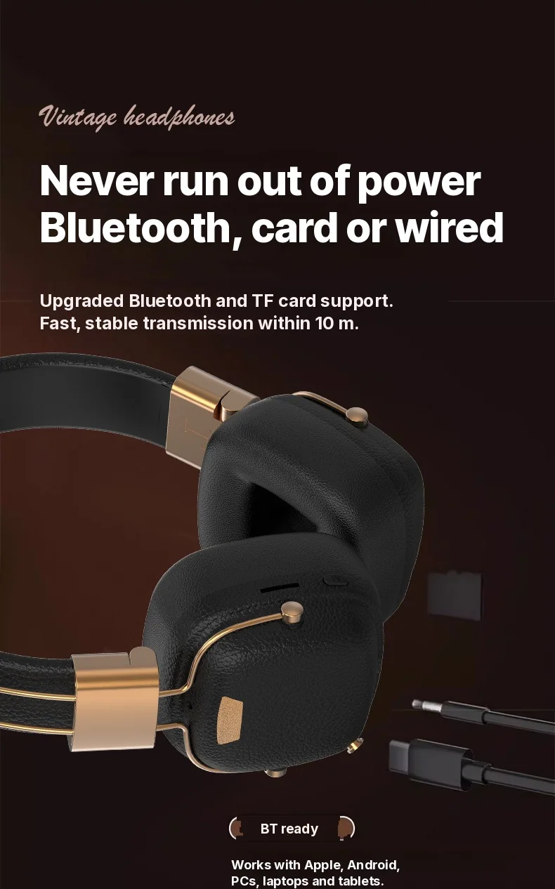 Retro Over-Ear Bluetooth Headphones with EQ Modes and Foldable Design