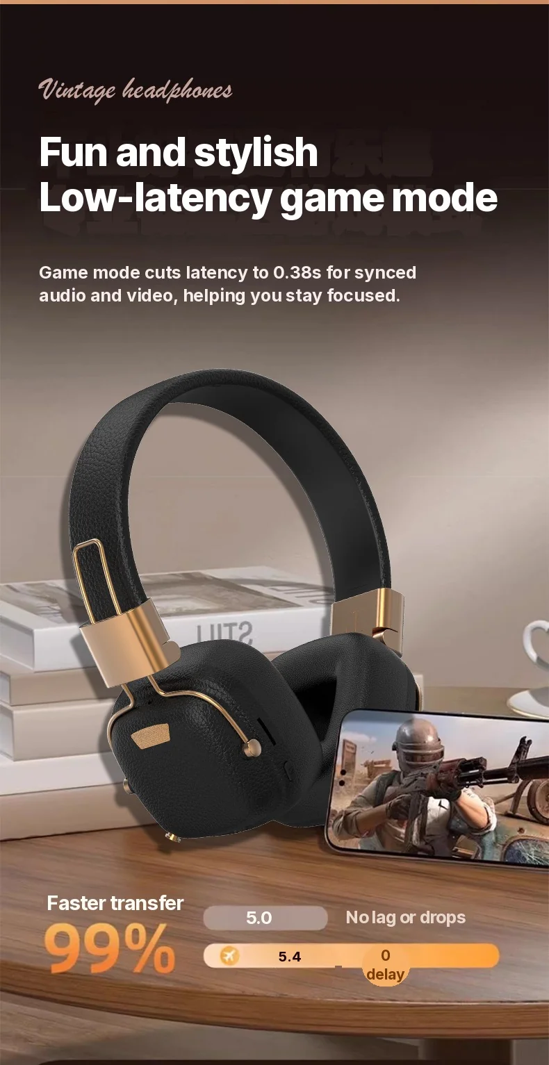 Retro Over-Ear Bluetooth Headphones with EQ Modes and Foldable Design