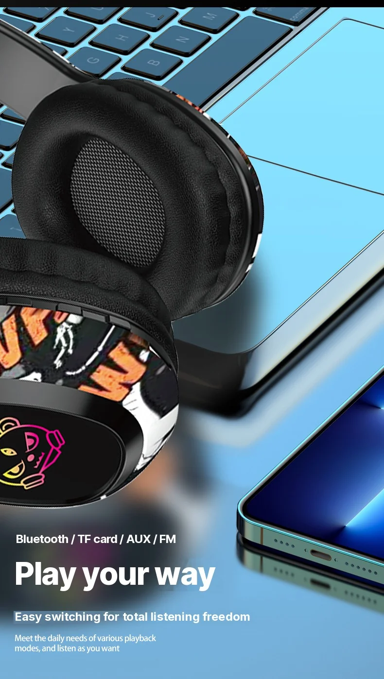 Over-Ear Bluetooth Headphones with FM Radio and LED Lights