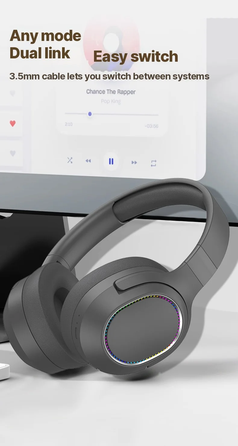 Fones de Ouvido Gamer RGB Sem Fio Bluetooth Over-Ear Estéreo
