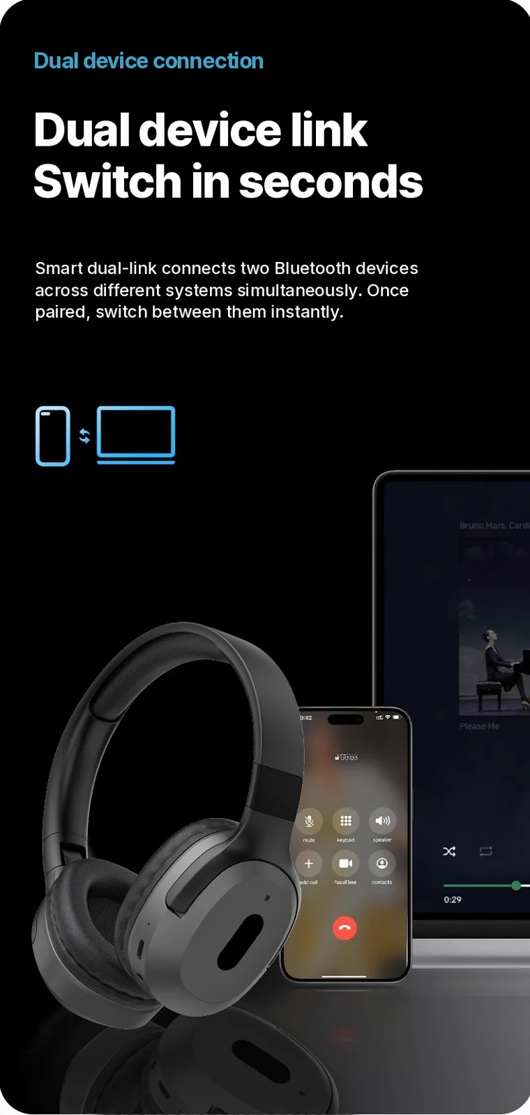 Căști wireless Bluetooth over-ear Type-C muzică stereo