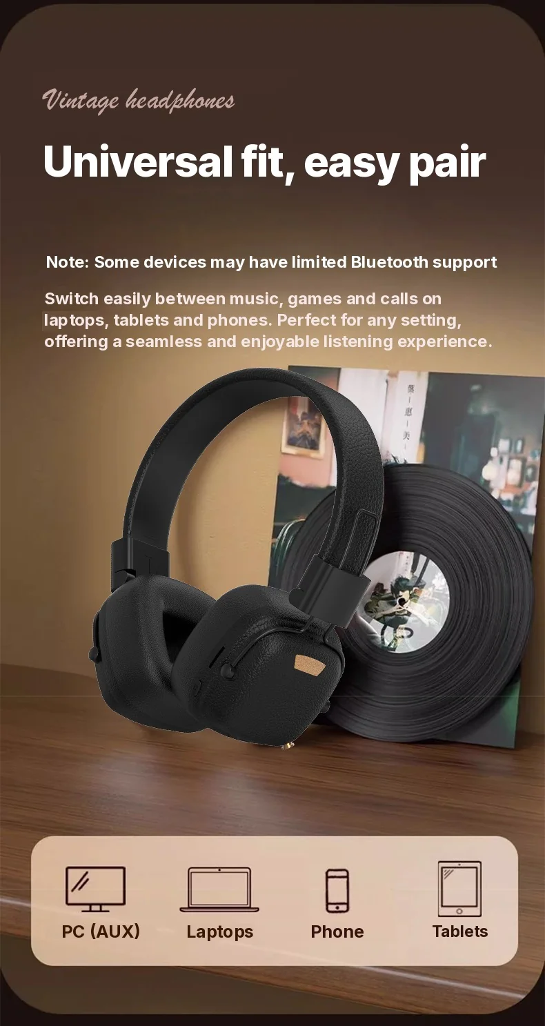 Retro Over-Ear-Bluetooth-Kopfhörer mit EQ-Modi und faltbarem Design