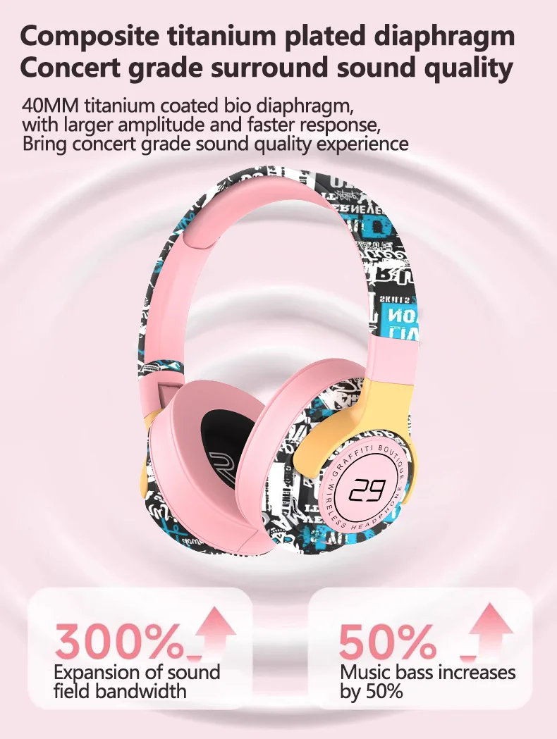 Fones de Ouvido Sem Fio Over-Ear Pintados com Rádio FM e Design Dobrável