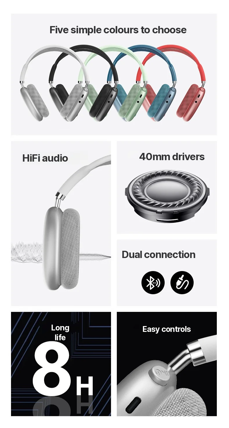 Auriculares Bluetooth inalámbricos con radio FM y ranura para tarjeta TF