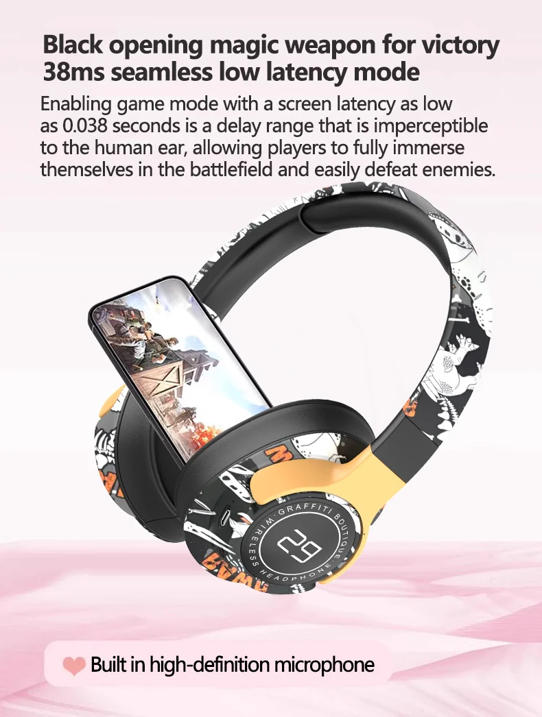 Fones de Ouvido Sem Fio Over-Ear Pintados com Rádio FM e Design Dobrável
