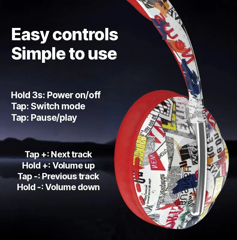 Fon Telinga Bluetooth Over-Ear Dengan Slot Kad TF dan Sambungan Tanpa Wayar
