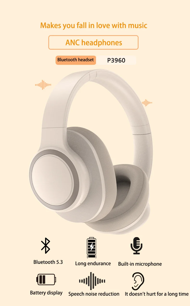 Over-Ear Bluetooth Headphones with Active Noise Cancelling and Mic