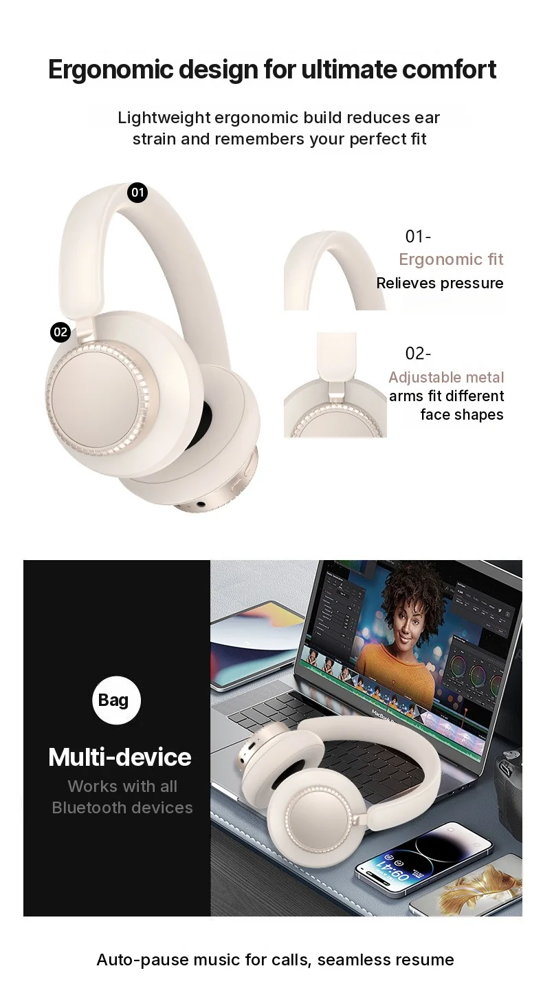 Active Noise Cancelling Wireless Bluetooth Headphones Over Ear with Mic
