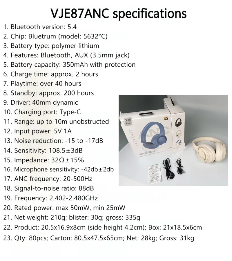 Active Noise Cancelling Wireless Headphones with Mic, 35H Battery