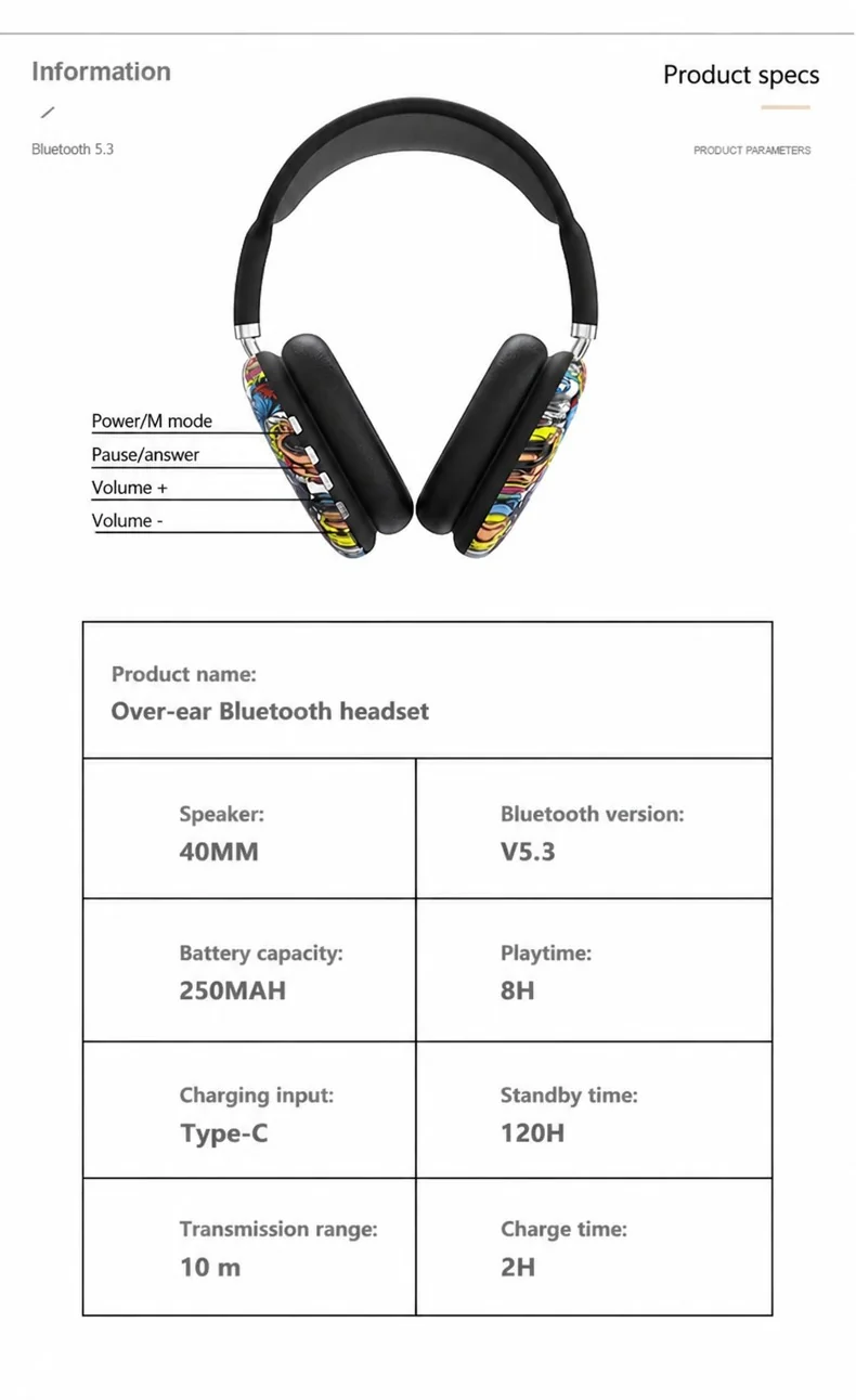 Auriculares Inalámbricos Graffiti con Radio FM y Ranura TF