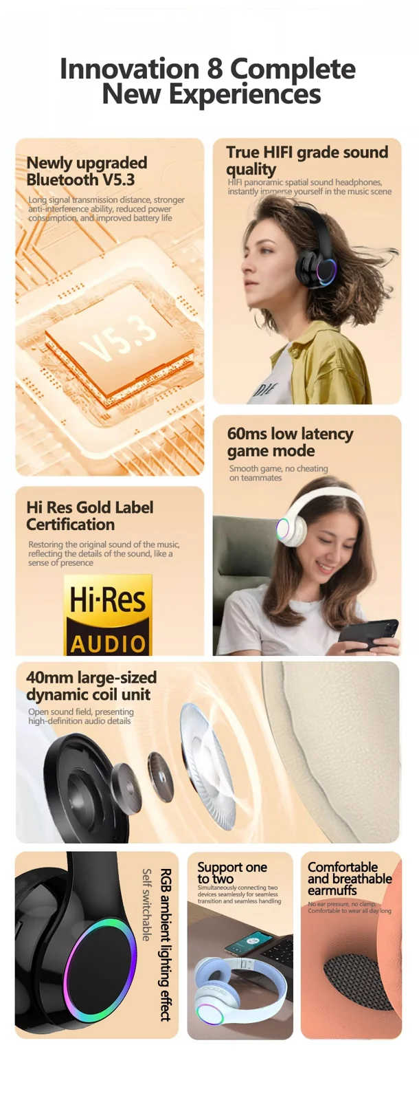 Cuffie Wireless Bluetooth Over-Ear con Luci LED e Microfono