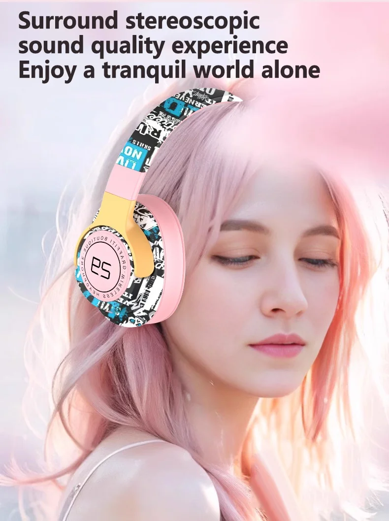 Fones de Ouvido Sem Fio Over-Ear Pintados com Rádio FM e Design Dobrável