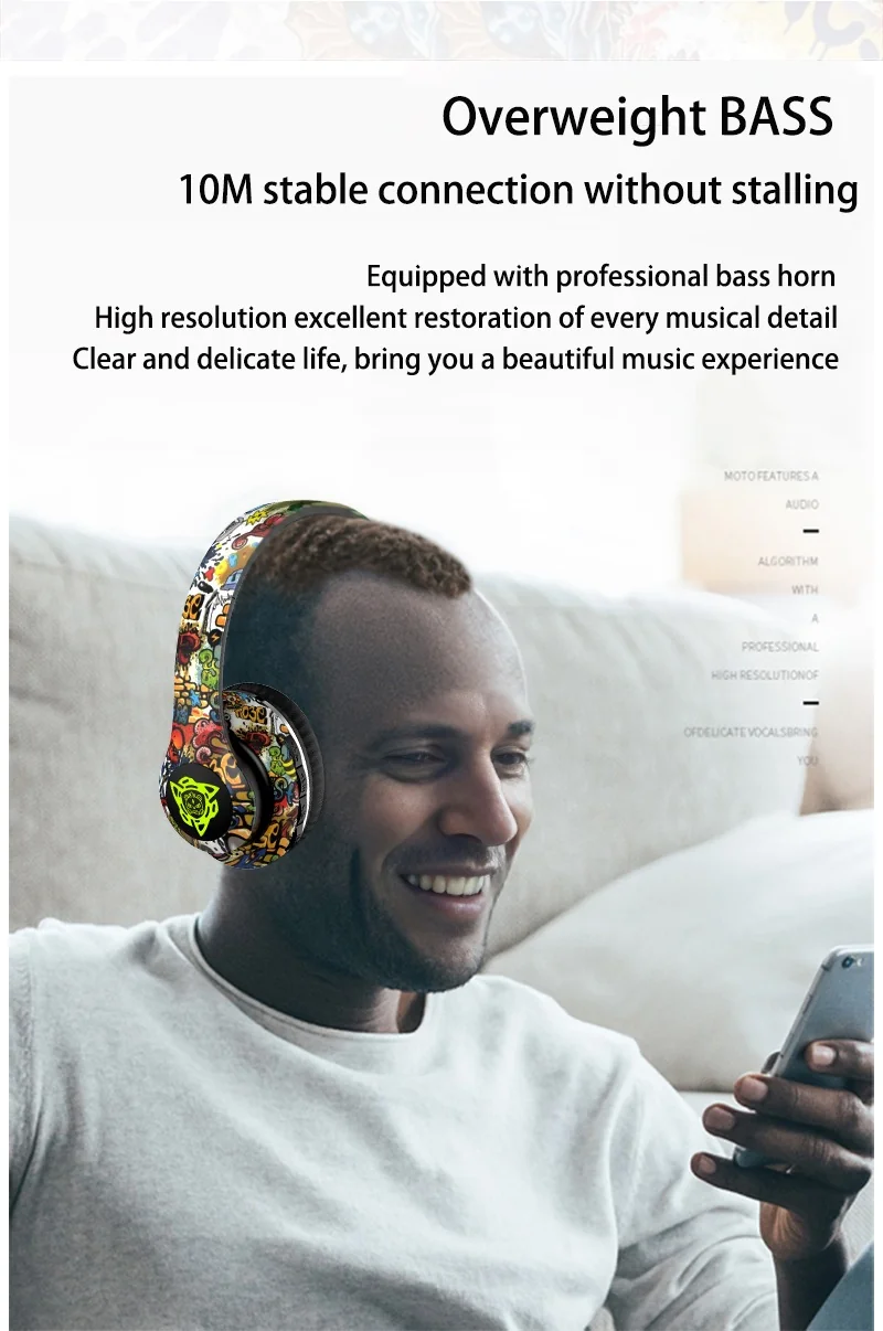 Graffiti Over-Ear Wireless Headphones with FM Radio and TF Card Slot
